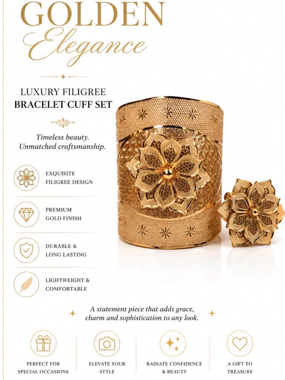 GOLDEN ELEGANCE 3D FLOWER & RING SET